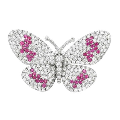 Lot 486 - White Gold, Diamond and Ruby Butterfly Brooch