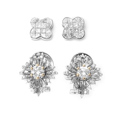 Lot 459 - Two Pairs of White Gold and Diamond Earrings