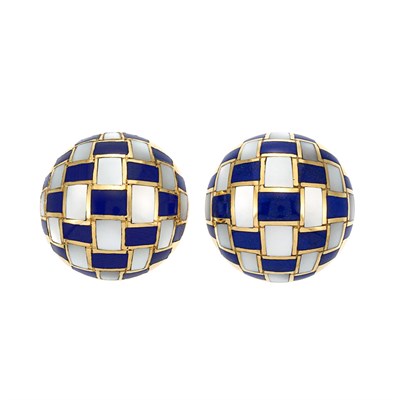 Lot 769 - Pair of Gold, Mother-of-Pearl and Lapis Earclips, Tiffany & Co.