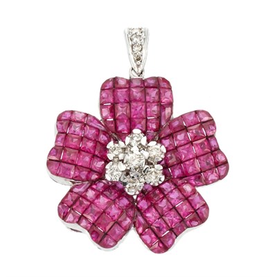 Lot 620 - White Gold, Invisibly-Set Ruby and Diamond Flower Pendant