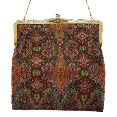 Lot 825 - Gold, Hardstone and Beaded Evening Purse with Carrying Chain, Gorham & Co.