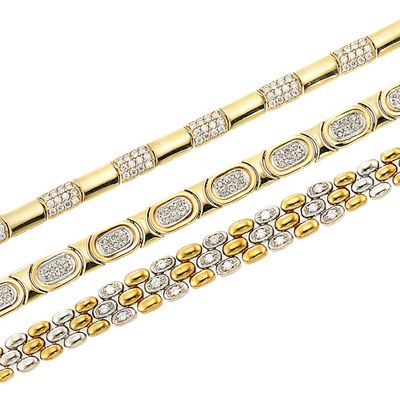 Lot 383 - Three Gold, Diamond and Cubic Zirconia Bracelets
