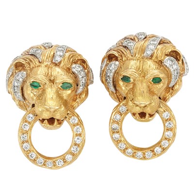 Lot 382 - Pair of Gold, Platinum, Diamond and Emerald Lion Head Door Knocker Earclips, Van Cleef & Arpels