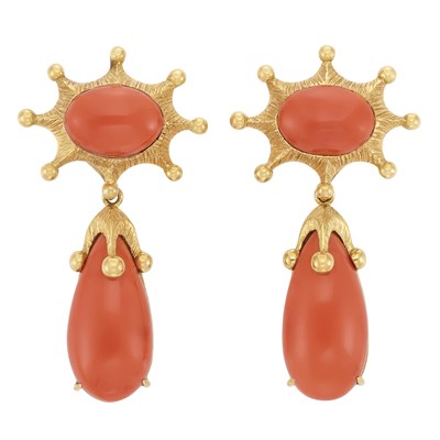 Lot 374 - Pair of Gold and Coral Pendant-Earclips, Tony Duquette