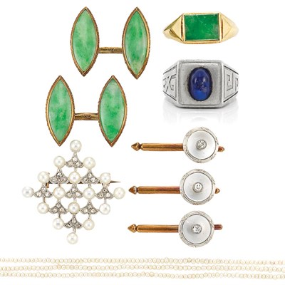 Lot 349 - Group of Antique Lady's and Gentleman's Jewelry and Gentleman's Art Deco Platinum and Cabochon Sapphire Ring, Tiffany & Co.