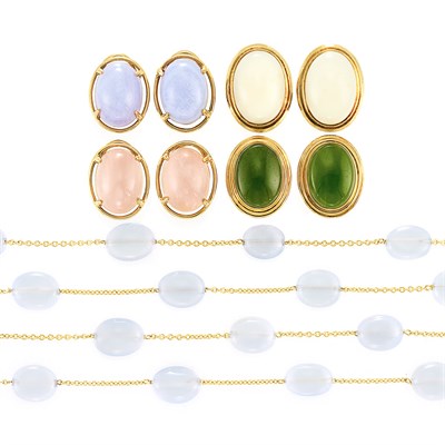 Lot 331 - Four Pairs of Gold and Hardstone Earclips, Gump's, and Long Gold and Dyed Blue Chalcedony Chain Necklace, Tiffany & Co.