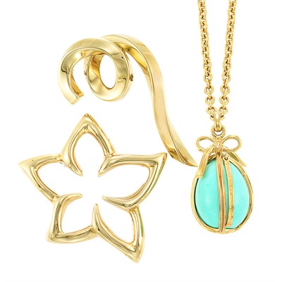Lot 728 - Gold and Turquoise Egg Pendant with Chain, Tiffany & Co., Schlumberger, and Two Gold Brooches, Tiffany & Co.