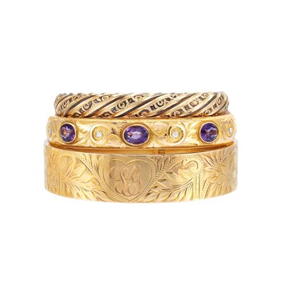 Lot 221 - Two Gold, Amethyst and Diamond Bangle Bracelets and Silver Gilt Bangle Bracelet