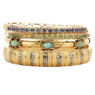 Lot 36 - Four Gold, Emerald, Sapphire, Turquoise and Enamel Bangle Bracelets