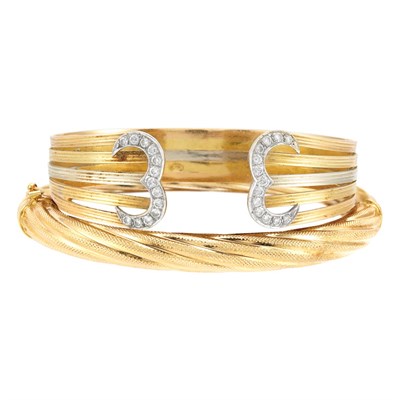 Lot 29 - Tricolor Gold and Diamond Bangle Bracelet and Gold Bangle Bracelet