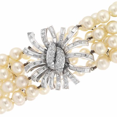 Lot 469 - Four Strand Cultured Pearl Bracelet with Platinum and Diamond Clasp