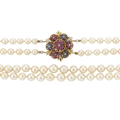 Lot 610 - Cultured Pearl Necklace with Gold, Ruby, Sapphire and Diamond Clasp