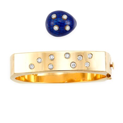 Lot 766 - Gold and Diamond Bangle Bracelet and Blue Enamel and Diamond Bombe Ring