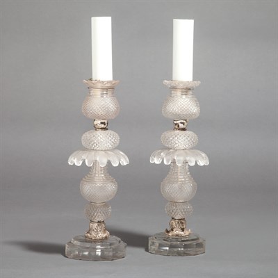 Lot 222 - Pair of Glass Candlestick Lamps Height 10 inches.