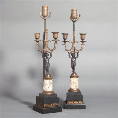 Lot 278 - Pair of Neoclassical Style Brass Figural Lamps...