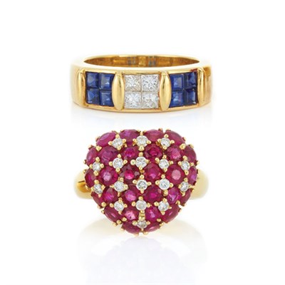 Lot 311 - Gold, Ruby and Diamond Heart Ring and Gold, Diamond and Sapphire Ring