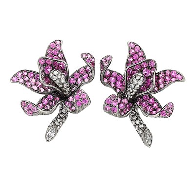 Lot 623 - Pair of Blackened Gold, Pink Sapphire and Diamond Flower Earclips