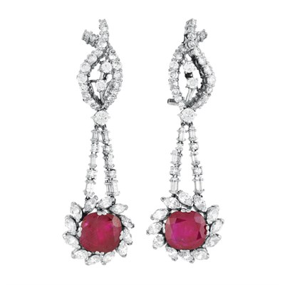 Lot 848 - Pair of White Gold, Ruby and Diamond Pendant-Earrings