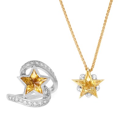 Lot 655 - Citrine and Diamond Star Ring and Pendant with Chain