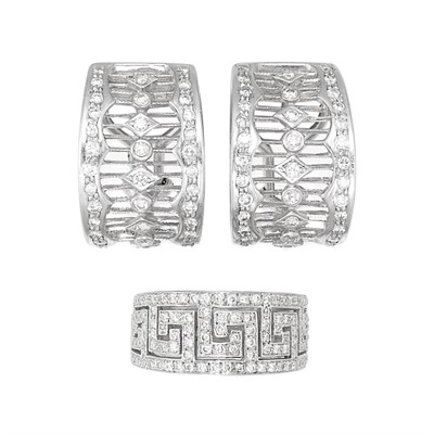 Lot 626 - Pair of White Gold and Diamond Half-Hoop Earrings and Ring