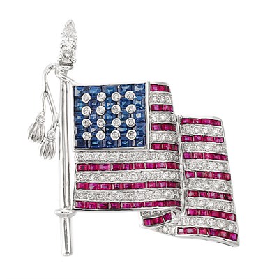 Lot 444 - White Gold, Diamond, Ruby and Sapphire U.S. Flag Brooch