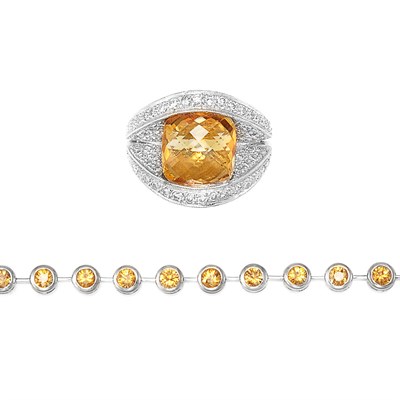 Lot 652 - White Gold and Yellow Sapphire Bracelet and White Gold, Citrine and Diamond Ring