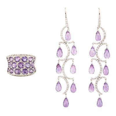Lot 465 - Pair of White Gold, Amethyst Briolette and Diamond Pendant-Earrings and Ring