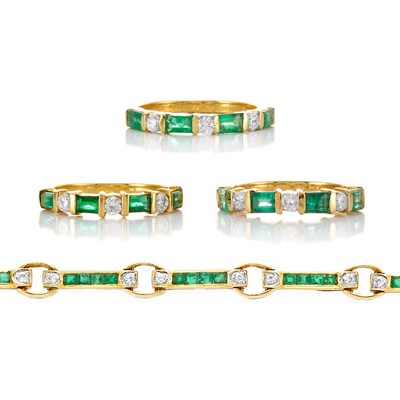 Lot 162 - Three Gold, Emerald and Diamond Rings and Bracelet