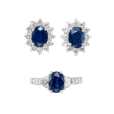Lot 449 - Pair of White Gold, Sapphire and Diamond Earclips and Sapphire and Diamond Ring