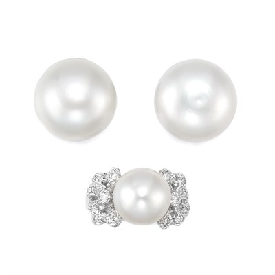 Lot 83 - White Gold, Cultured Pearl and Diamond Ring and Pair of Cultured Pearl Button Earclips