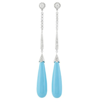 Lot 434 - Pair of White Gold, Diamond and Turquoise Pendant-Earrings