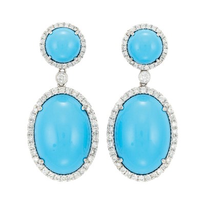 Lot 440 - Pair of White Gold, Turquoise and Diamond Pendant-Earrings