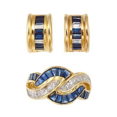 Lot 533 - Pair of Gold, Sapphire and Diamond Hoop Earrings and Ring