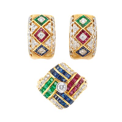 Lot 396 - Pair of Gold, Diamond and Gem-Set Earclips and Ring