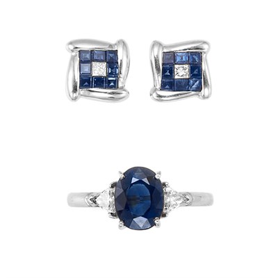 Lot 664 - White Gold, Sapphire and Diamond Ring and Pair of White Gold, Sapphire and Diamond Earrings