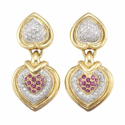 Lot 310 - Pair of Two-Color Gold, Diamond and Ruby Pendant-Earclips
