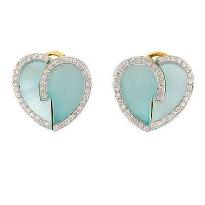 Lot 730 - Pair of Two-Color Gold, Blue Mother-of-Pearl and Diamond Heart Earclips
