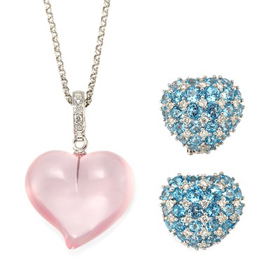 Lot 64 - Pair of White Gold, Blue Topaz and Diamond Earrings and Rose Quartz and Diamond Heart Pendant with White Gold Chain