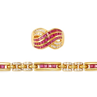 Lot 549 - Gold, Diamond and Ruby Ring and Gold, Ruby and Diamond Bracelet