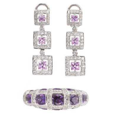 Lot 466 - Pair of White Gold, Pink Sapphire and Diamond Earrings and Amethyst and Diamond Bombe Ring