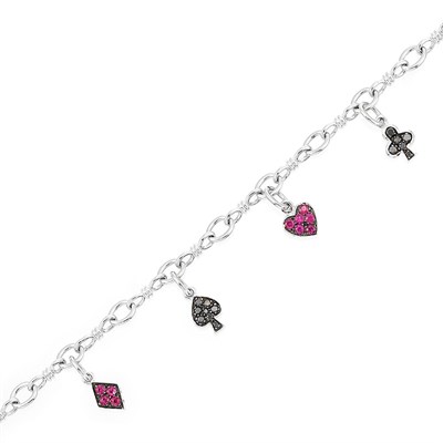 Lot 628 - White Gold, Ruby and Black Diamond Charm Bracelet