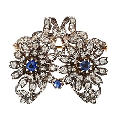 Lot 669 - Silver, Gold, Sapphire and Diamond Flower Brooch/Earrings Combination