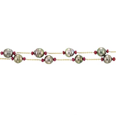 Lot 417 - Gold, Semi-Baroque Black Cultured Pearl and Ruby Bead Chain Necklace