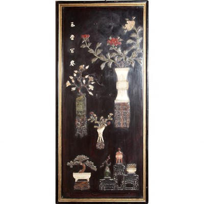 Lot 191 - Chinese Hardstone Inlaid Lacquered Panel...