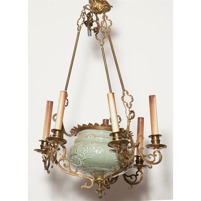 Lot 453 - Victorian Gilt-Metal and Porcelain Six-Light...
