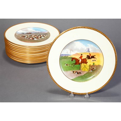 Lot 370 - Set of Twelve Mintons Hunt Decorated Porcelain...