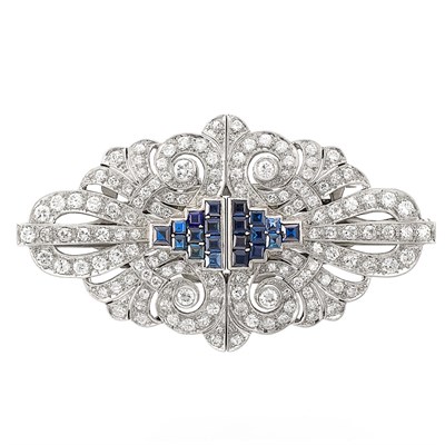 Lot 698 - Platinum, Sapphire and Diamond Double Clip-Brooch