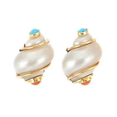 Lot 735 - Pair of Gold, Shell, Coral and Turquoise Earclips, Seaman Schepps
