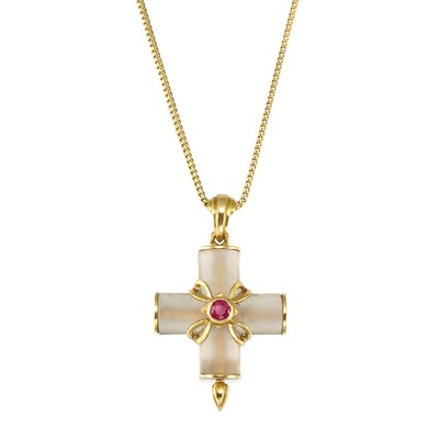 Lot 583 - Gold, Frosted Rock Crystal and Ruby Cross Pendant, Ilias Lalaounis, with Gold Chain