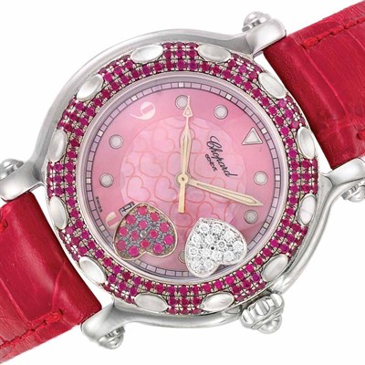 Lot 613 - Lady's Stainless Steel, Diamond and Ruby 'Happy Sport' Wristwatch, Chopard